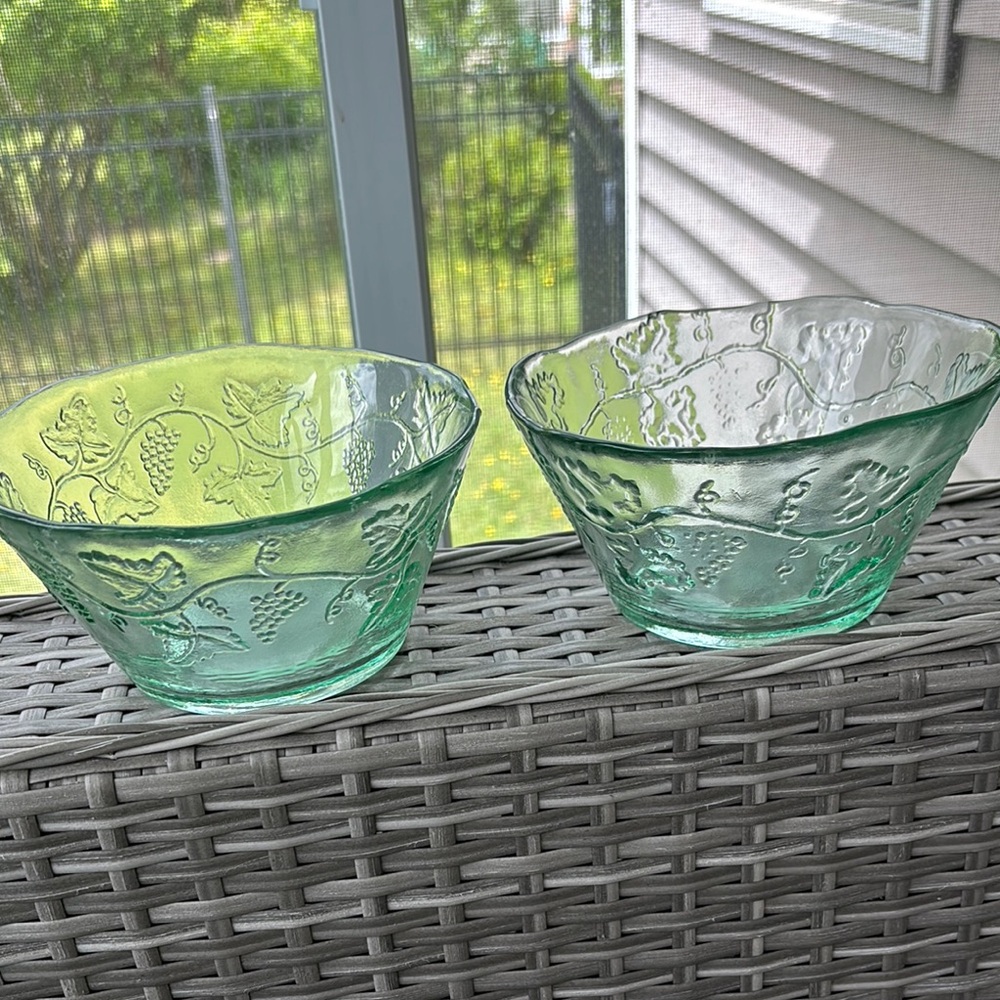 Vintage Green Glass Bowls with Grape Design